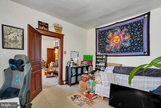 bedroom featuring light colored carpet