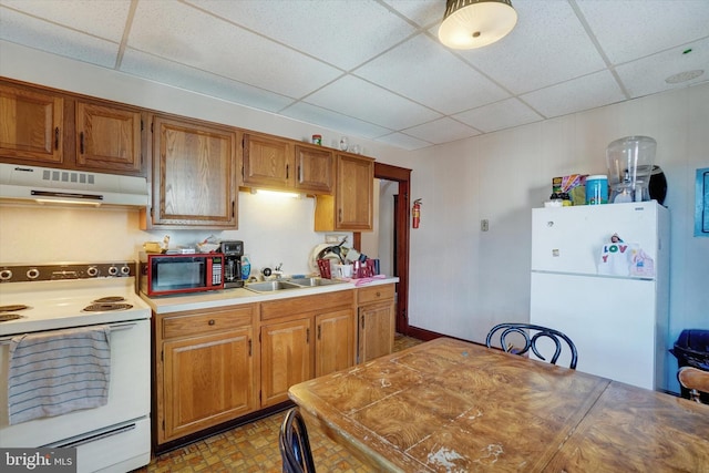 kitchen with a paneled ceiling, sink, and white appliances