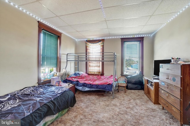 bedroom featuring a paneled ceiling and light colored carpet