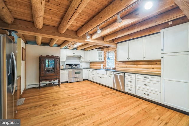 kitchen featuring light wood-type flooring, beam ceiling, white cabinetry, and stainless steel appliances