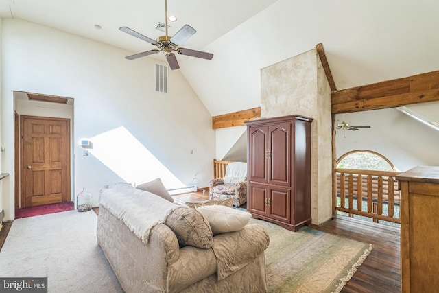 living room with high vaulted ceiling, ceiling fan, a baseboard radiator, and dark hardwood / wood-style flooring