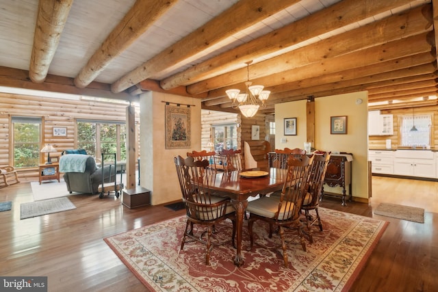 dining room with a notable chandelier, beam ceiling, wood ceiling, and dark hardwood / wood-style floors