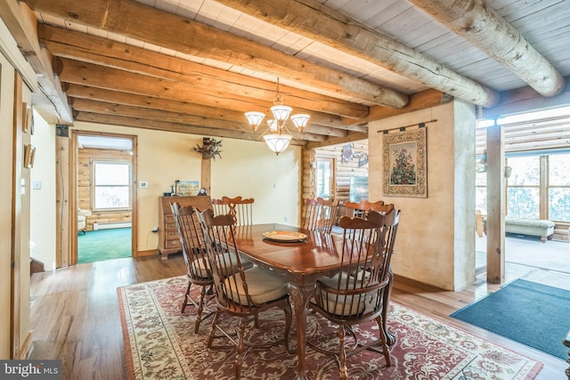 dining room with hardwood / wood-style floors, wooden ceiling, a chandelier, beam ceiling, and baseboard heating