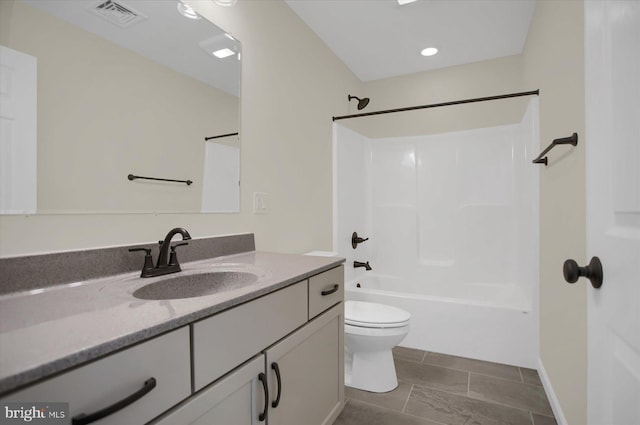 full bathroom with vanity,  shower combination, and toilet