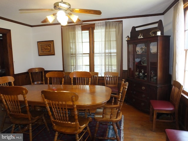 dining space with crown molding, a ceiling fan, and a wainscoted wall