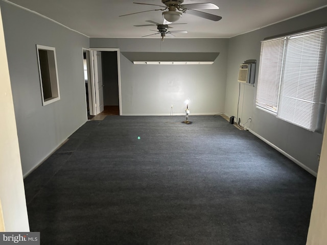 carpeted empty room with ceiling fan and a wall mounted air conditioner