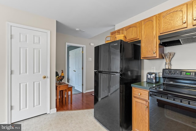 kitchen featuring range hood, light hardwood / wood-style flooring, and black appliances