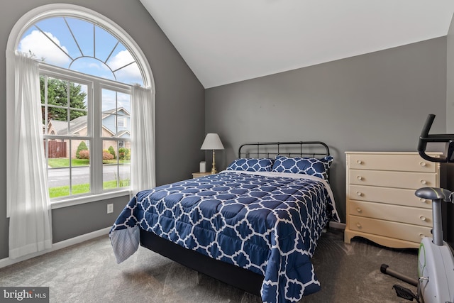 carpeted bedroom featuring vaulted ceiling and multiple windows