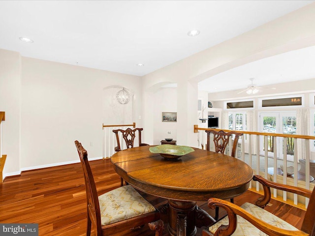 dining area featuring ceiling fan and hardwood / wood-style flooring