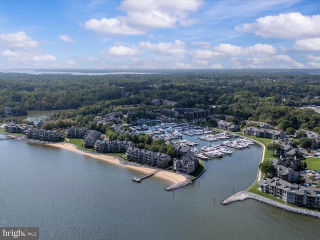 drone / aerial view featuring a water view