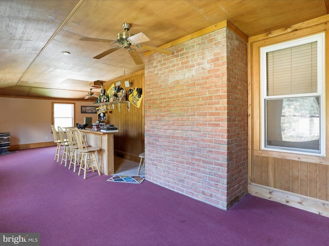 dining area with ceiling fan, wooden walls, carpet, and indoor bar