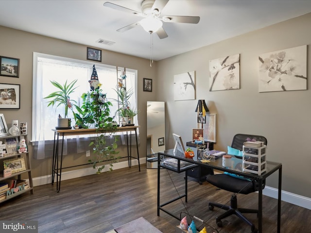 office space with dark hardwood / wood-style flooring and ceiling fan