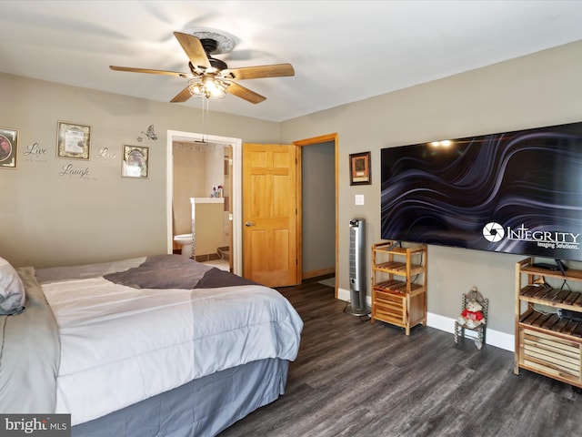 bedroom with connected bathroom, ceiling fan, and dark wood-type flooring