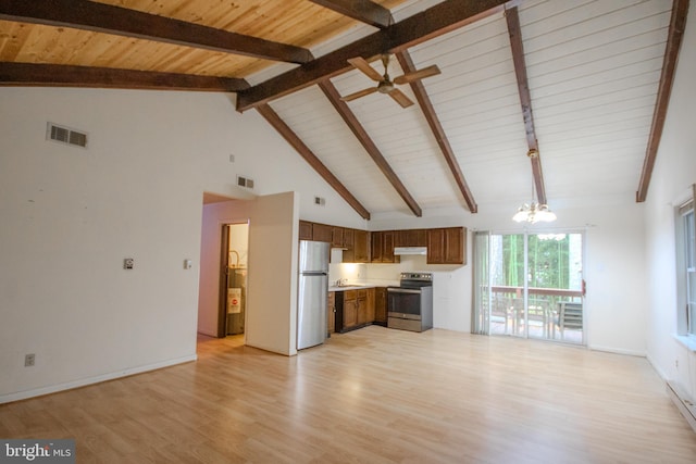 unfurnished living room with high vaulted ceiling, light hardwood / wood-style floors, beamed ceiling, and ceiling fan with notable chandelier