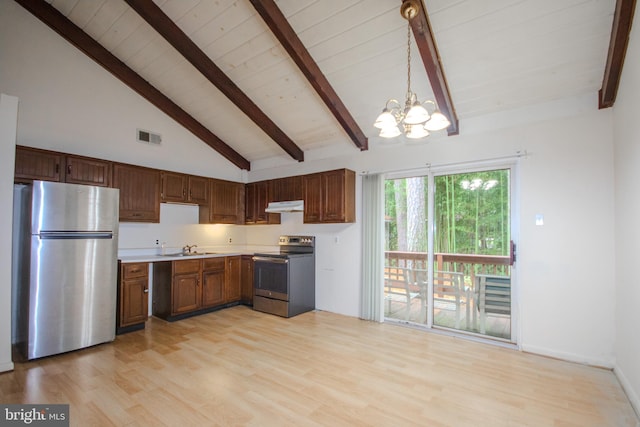 kitchen featuring hanging light fixtures, light hardwood / wood-style flooring, high vaulted ceiling, stainless steel appliances, and an inviting chandelier