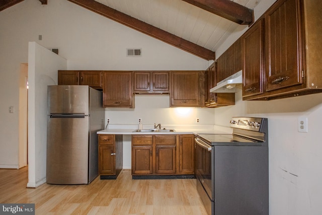 kitchen with beamed ceiling, sink, range hood, light hardwood / wood-style flooring, and stainless steel appliances