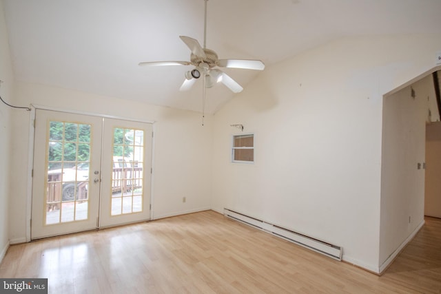 unfurnished room with light wood-type flooring, lofted ceiling, ceiling fan, and a baseboard heating unit