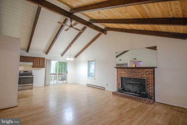 unfurnished living room featuring a baseboard heating unit, light hardwood / wood-style floors, ceiling fan with notable chandelier, a fireplace, and high vaulted ceiling