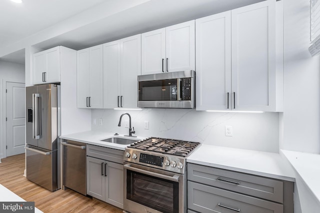 kitchen with appliances with stainless steel finishes, gray cabinetry, light hardwood / wood-style floors, white cabinetry, and sink