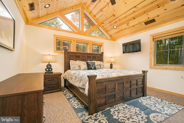 bedroom featuring multiple windows, light colored carpet, wooden ceiling, and ceiling fan