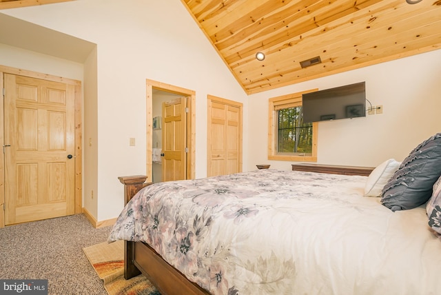 bedroom with wood ceiling, light carpet, and high vaulted ceiling