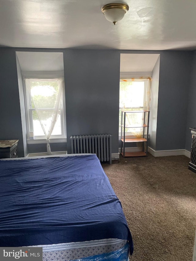 bedroom featuring multiple windows, carpet, and radiator