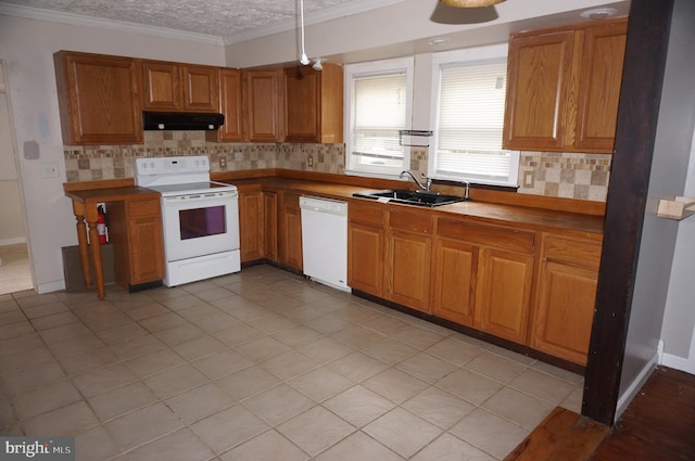 kitchen featuring backsplash, white appliances, sink, and light tile patterned floors