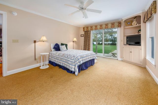 bedroom with ceiling fan, ornamental molding, light carpet, and access to exterior