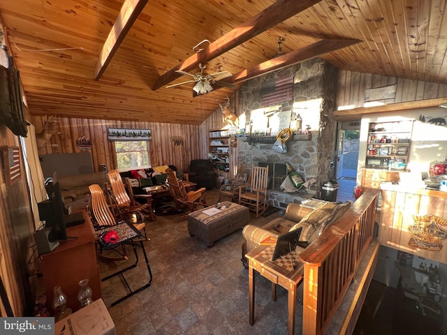 1604 High Knob Rd, Old Fields, WV 26845 - living area featuring wooden ceiling, wooden walls, a ceiling fan, and a fireplace