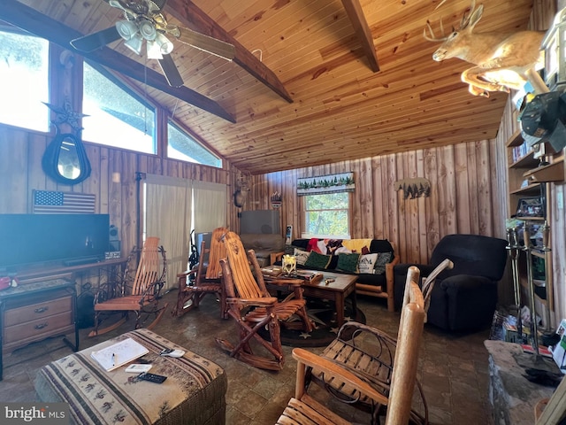 1604 High Knob Rd, Old Fields, WV 26845 - living area with wood walls, a wooden ceiling with exposed beams, ceiling fan, and high vaulted ceiling