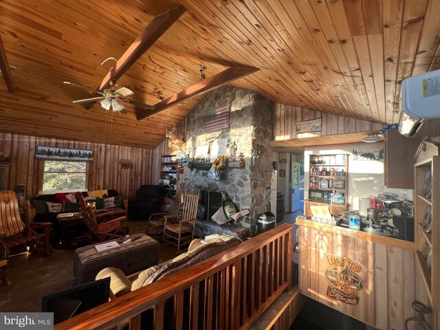 1604 High Knob Rd, Old Fields, WV 26845 - living room with wooden ceiling, vaulted ceiling, ceiling fan, a fireplace, and wood walls