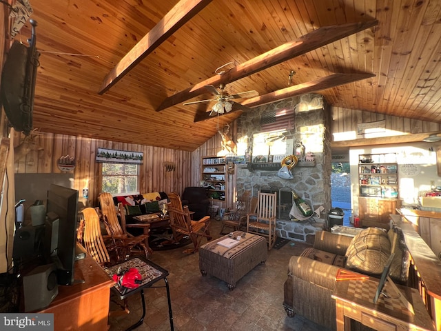 1604 High Knob Rd, Old Fields, WV 26845 - living area with wooden walls, ceiling fan, and wood ceiling