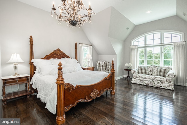 bedroom featuring vaulted ceiling, a chandelier, and dark hardwood / wood-style flooring