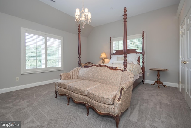 bedroom with an inviting chandelier, lofted ceiling, multiple windows, and carpet floors