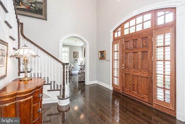 entrance foyer featuring a high ceiling, crown molding, dark wood-type flooring, and a wealth of natural light