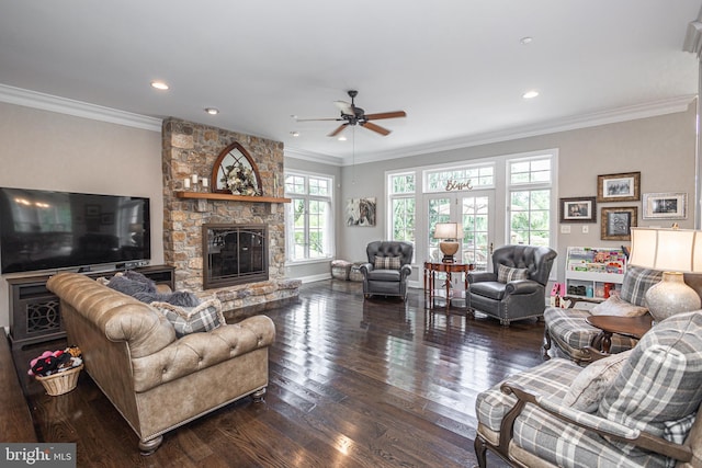 living room with crown molding, ceiling fan, dark hardwood / wood-style floors, and a stone fireplace