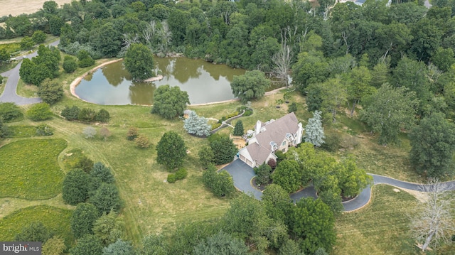 drone / aerial view featuring a water view