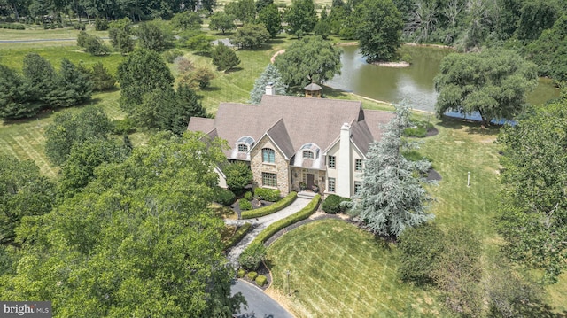 aerial view featuring a water view