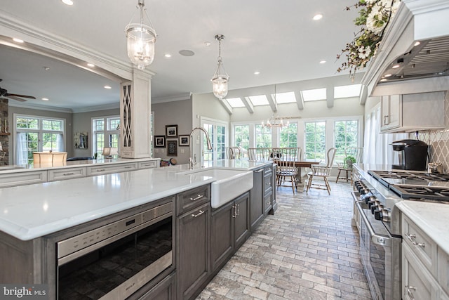 kitchen featuring ceiling fan with notable chandelier, stainless steel appliances, a wealth of natural light, and sink