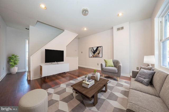 living room featuring wood-type flooring and a healthy amount of sunlight