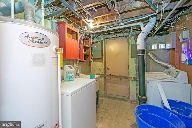 laundry area with washing machine and dryer and electric panel