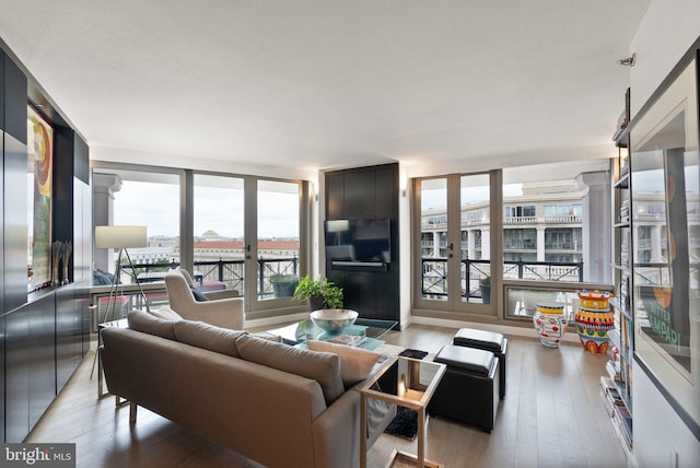 living room with a wall of windows and light hardwood / wood-style flooring