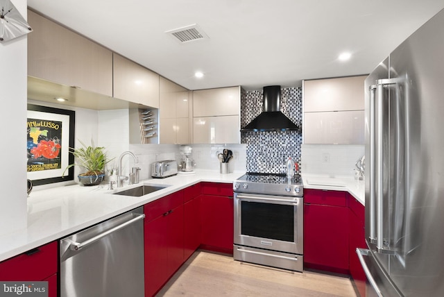 kitchen featuring sink, wall chimney range hood, stainless steel appliances, light wood-type flooring, and decorative backsplash