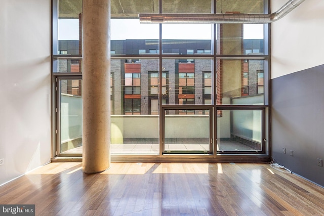 empty room with wood-type flooring and a wall of windows