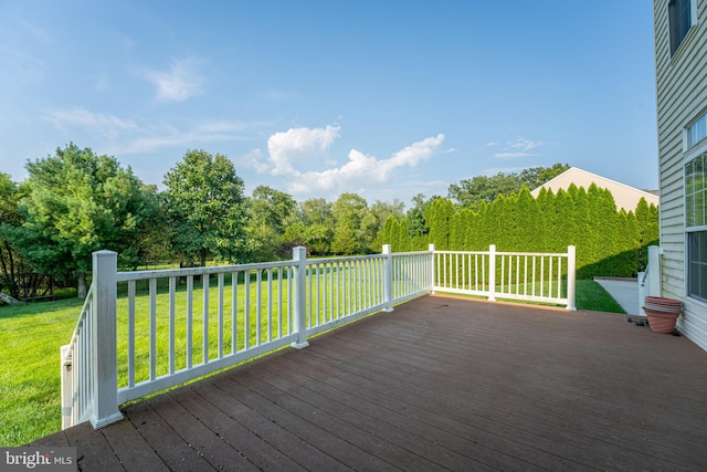 wooden deck featuring a yard