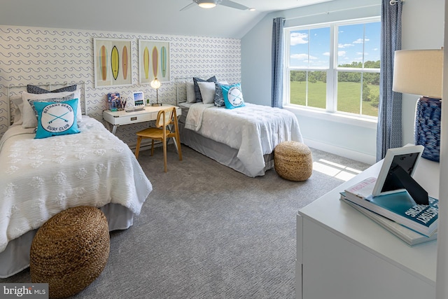 bedroom with light carpet, lofted ceiling, and ceiling fan