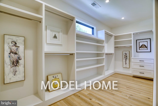 spacious closet with light hardwood / wood-style flooring