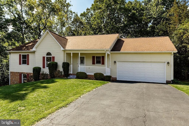 ranch-style house with a porch, a garage, and a front yard