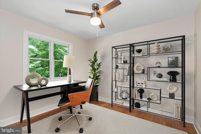 home office featuring ceiling fan and wood-type flooring