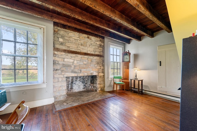 unfurnished living room with a baseboard heating unit, a fireplace, wood ceiling, dark wood-type flooring, and beam ceiling